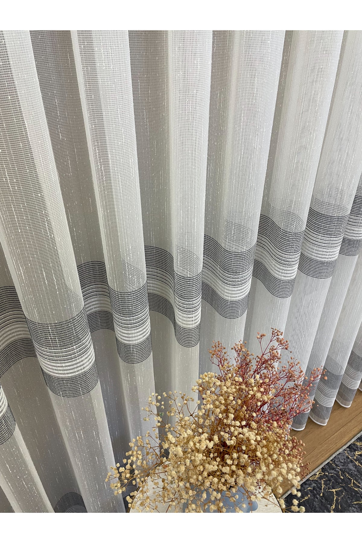 Modern Shantung 3-Row Banded 1/2.5 Pleat - Ecru/Gray Sheer Curtain