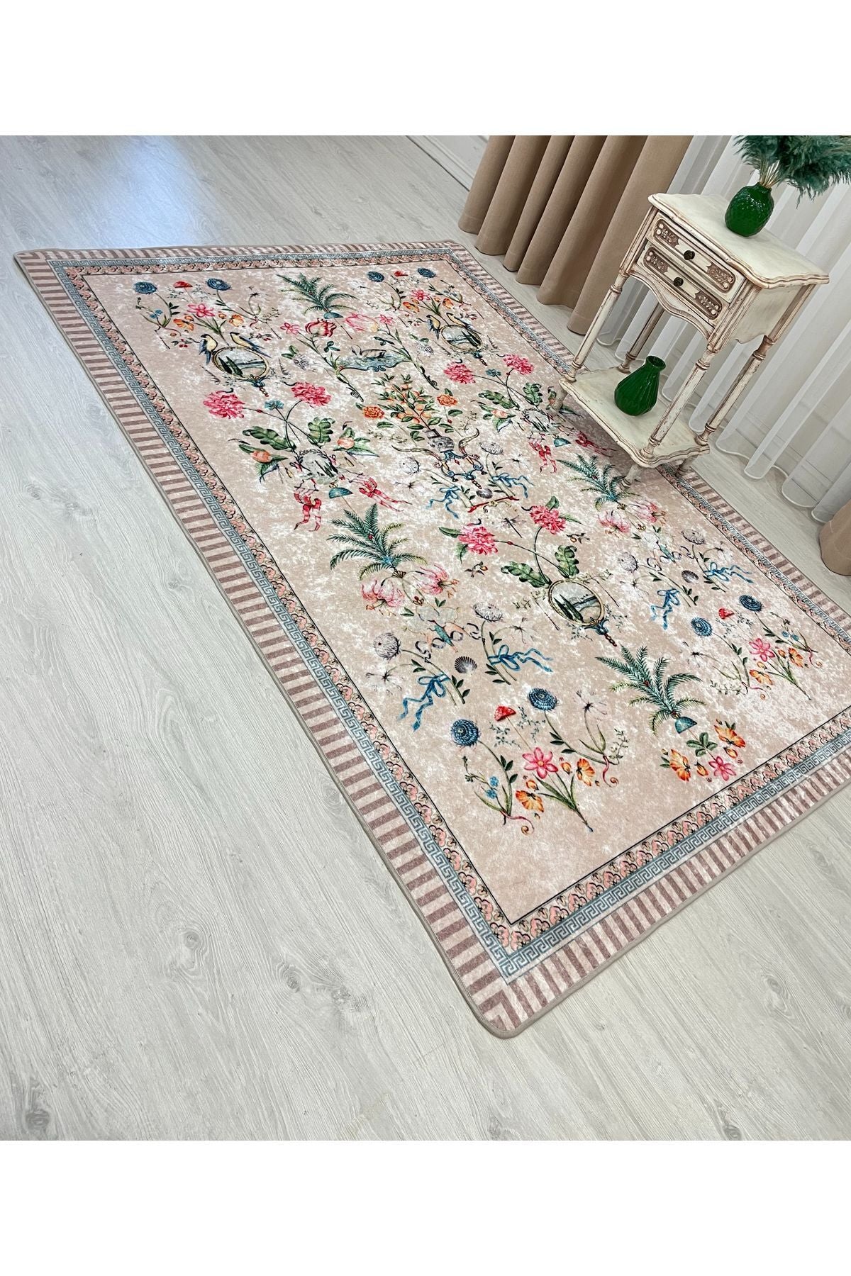 Beige Floral Bird Patterned Latex Leather Base Rug