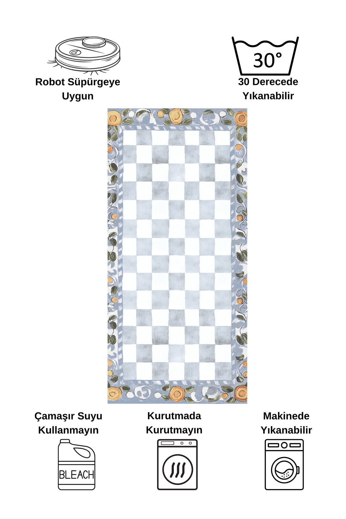 Beige Orange Checkered Pattern Non-Slip Base Kitchen Rug