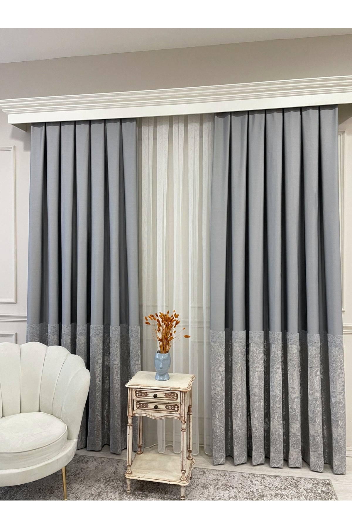 Gray Shawl Pattern 1/3 TIGHT PLEAT Jacquard Woven Blackout Curtain