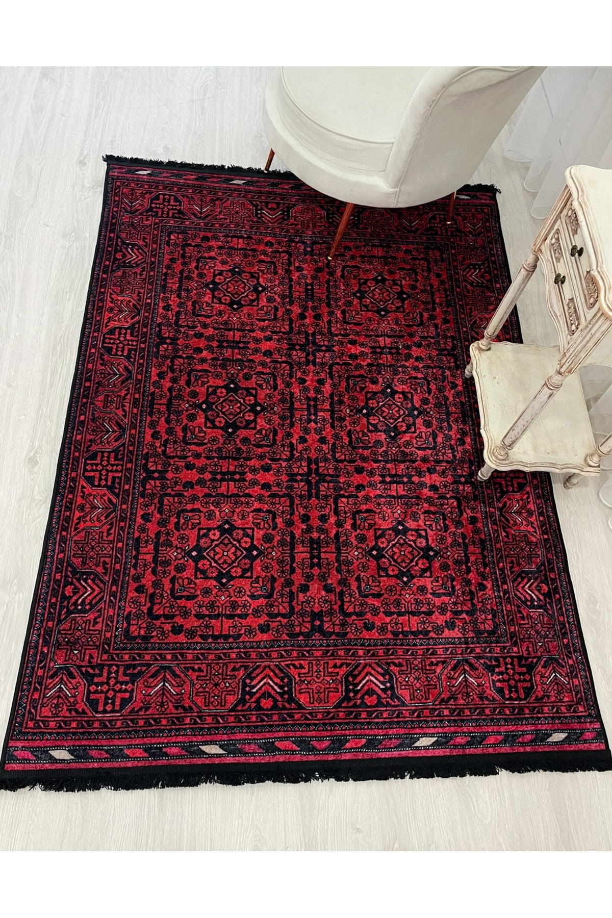 Red Color Ethnic Motif Latex Base Rug