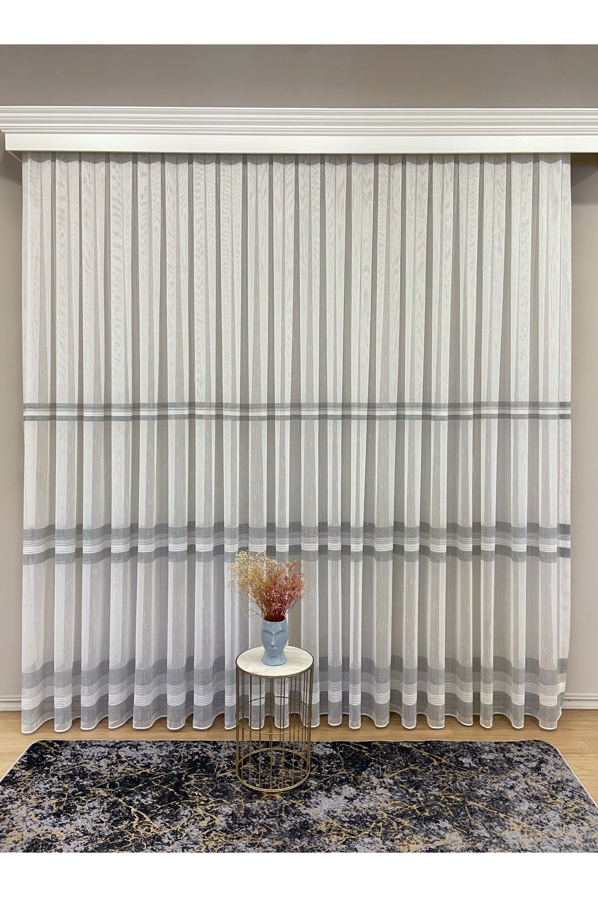 Modern Shantung 3-Row Banded 1/2.5 Pleat - Ecru/Gray Sheer Curtain