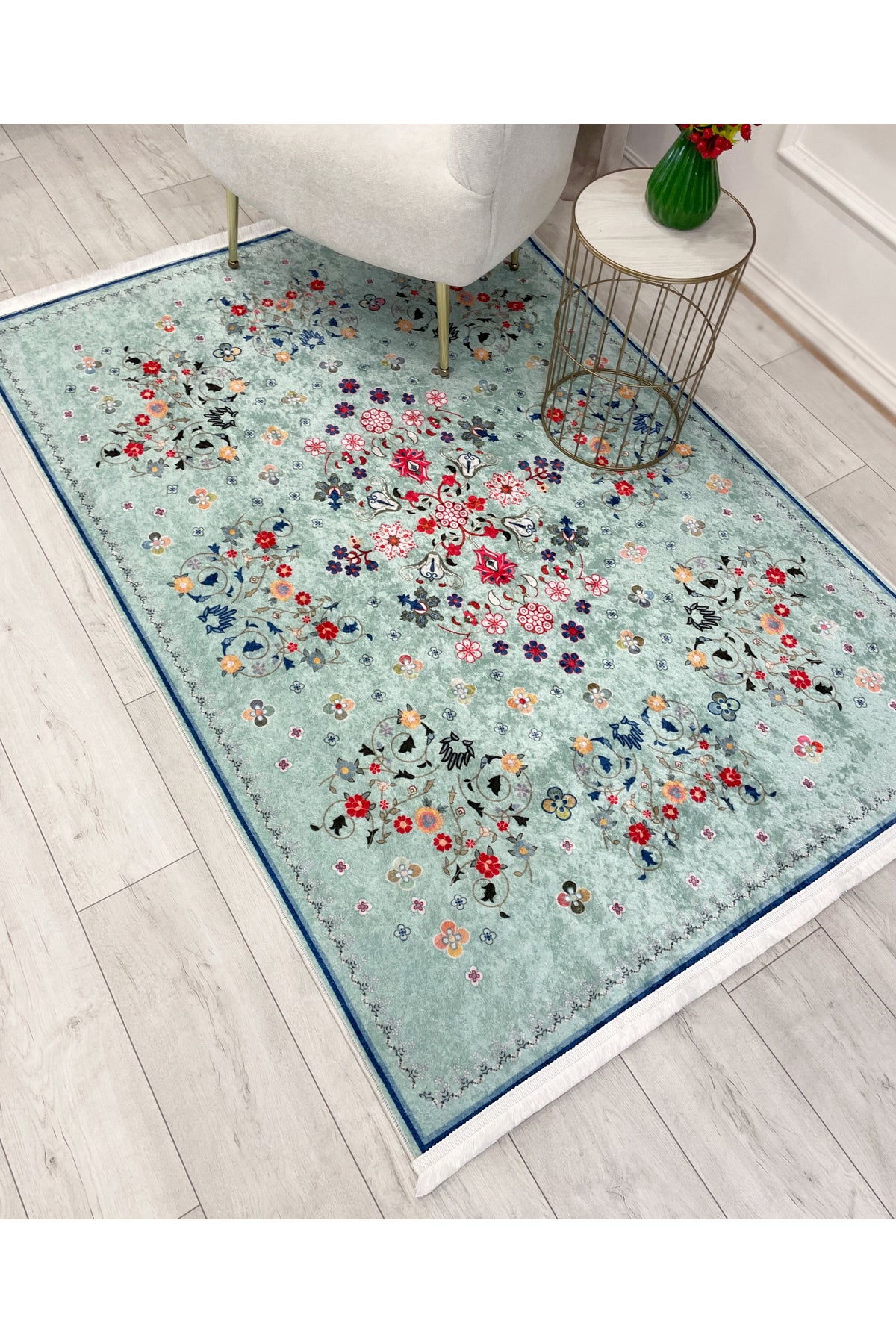 BEIGE Floral Patterned Vintage Latex Base Rug