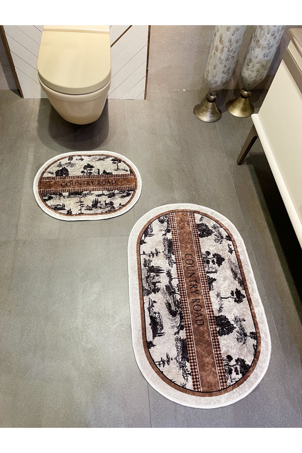 2 li Kahverengi 60x100 - 60x50 Country Desenli Lateks Taban Banyo Paspas