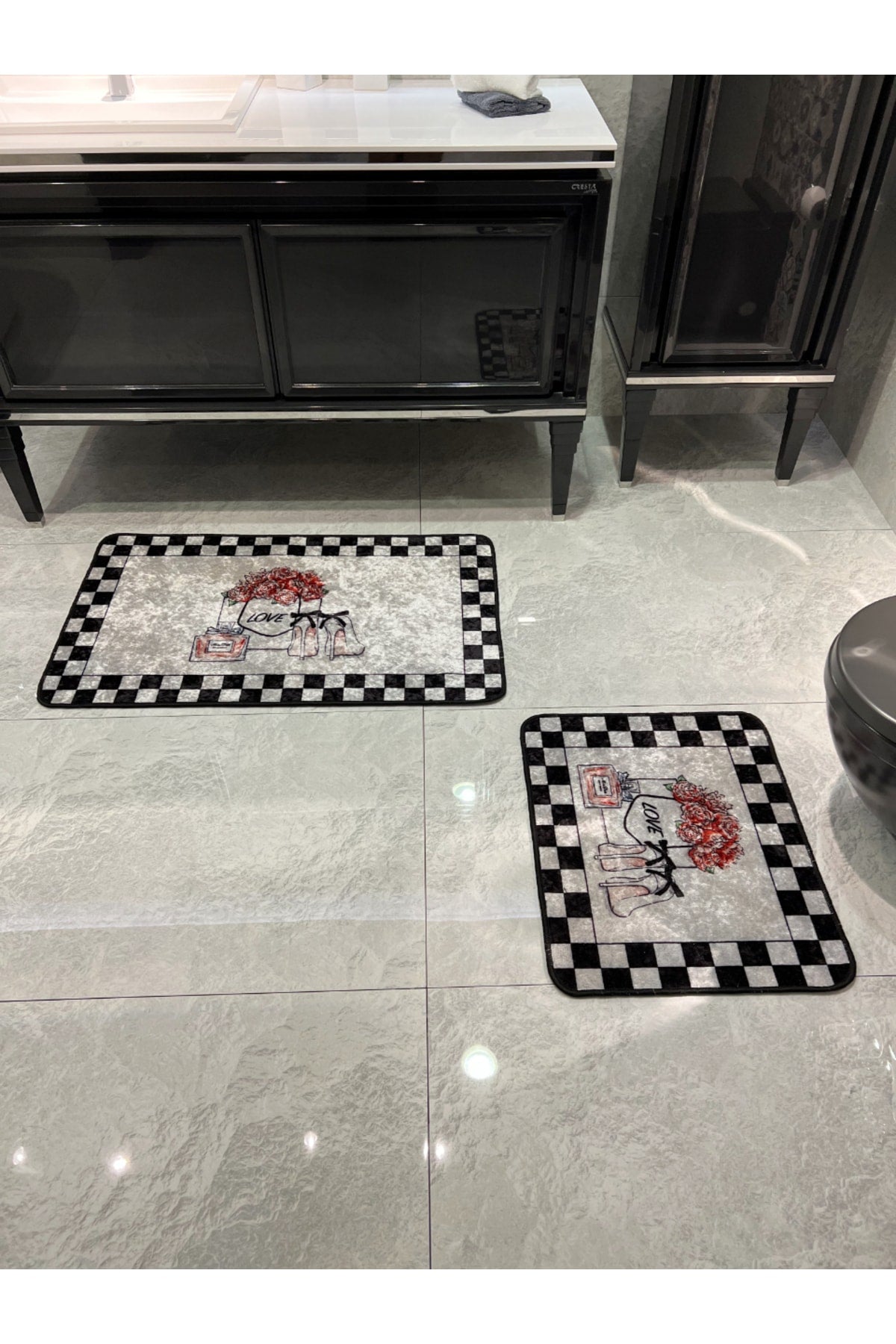 2'li Parfüm Şişesi Damalı Yıkabilir Banyo Paspas Takımı (60x100 - 60x50) Gri