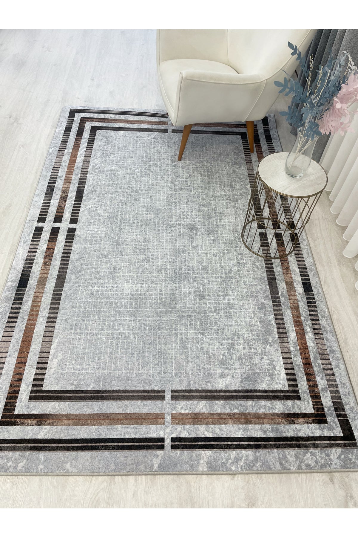 BEIGE Striped Bordered Non-Slip Base Framed Rug