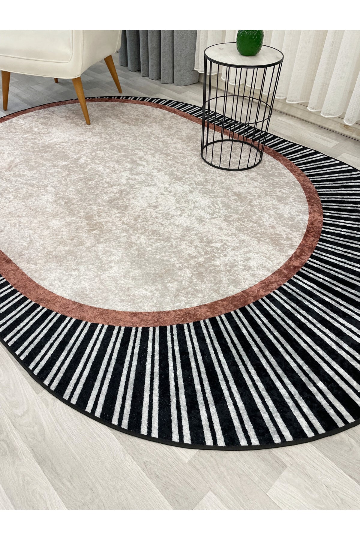 GREEN Striped Oval Non-Slip Base Rug