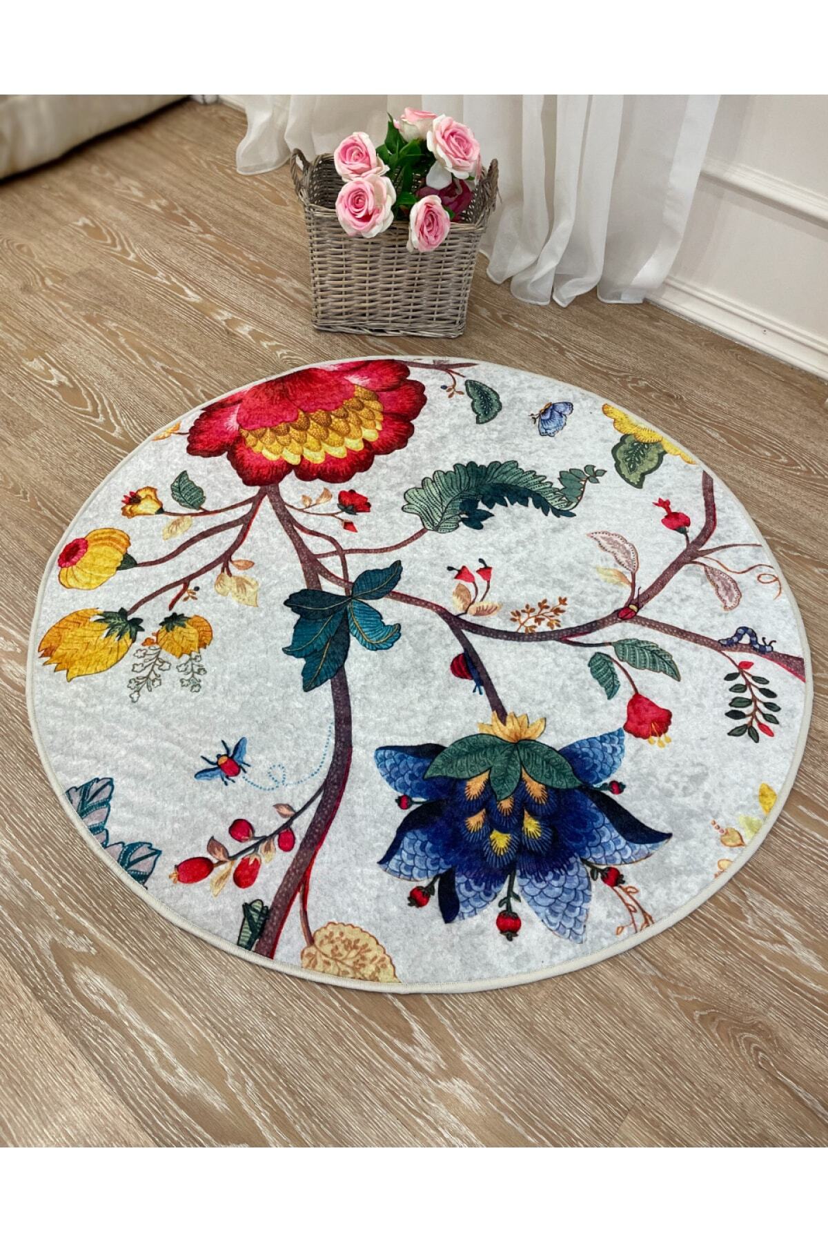 Floral Pattern Decorative Leather-Backed Round Rug - Gray