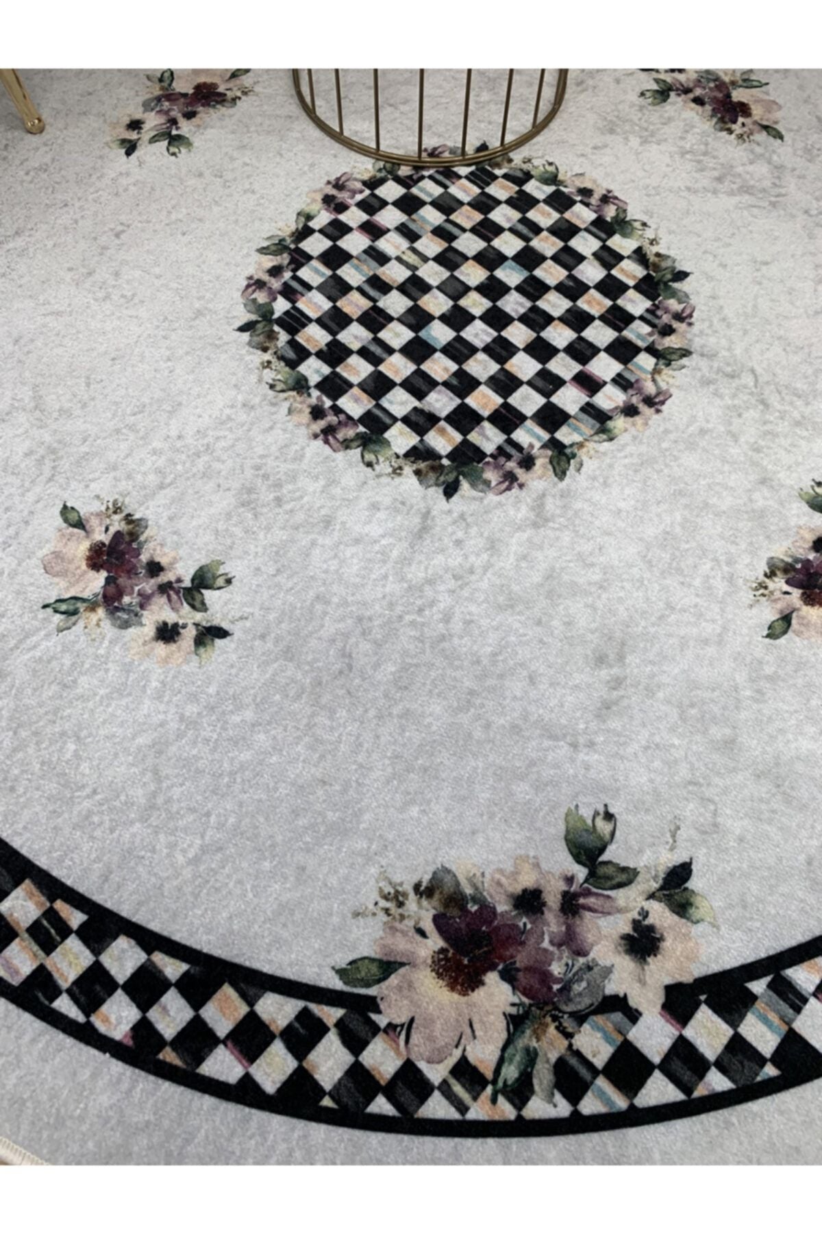 Gray Black Checkered Fringeless Round Latex Rug 150x150