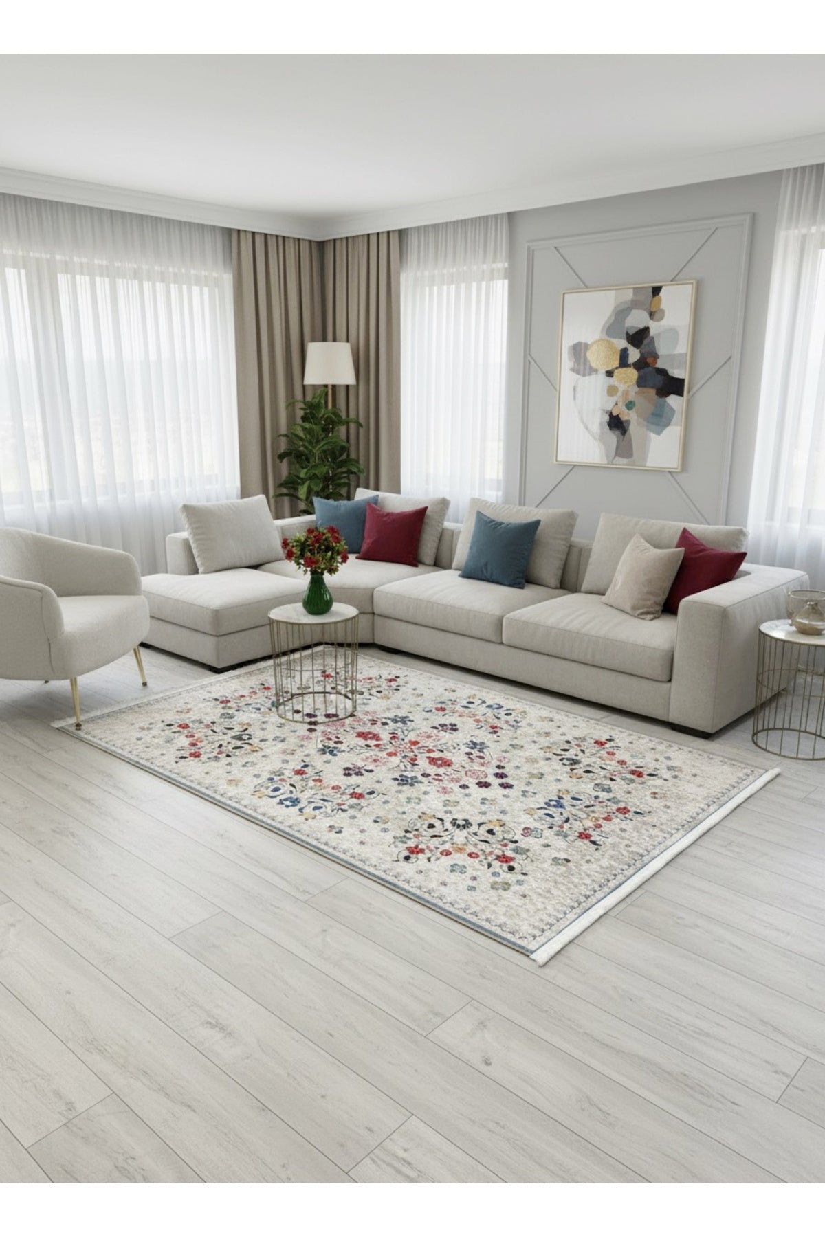 BEIGE Floral Patterned Vintage Latex Base Rug