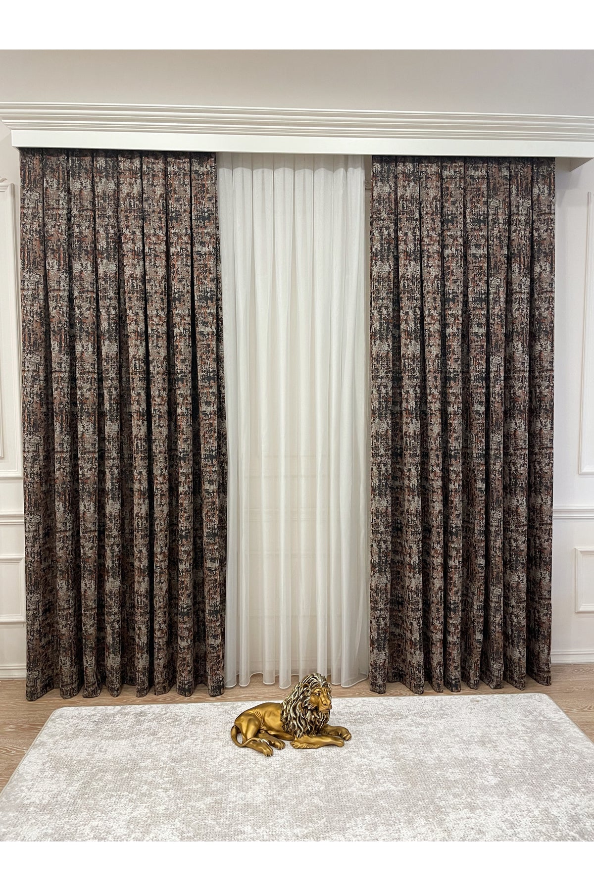 Orange - Brown Abstract Pattern 1/3 Tight Pleat Jacquard Woven Blackout Curtain