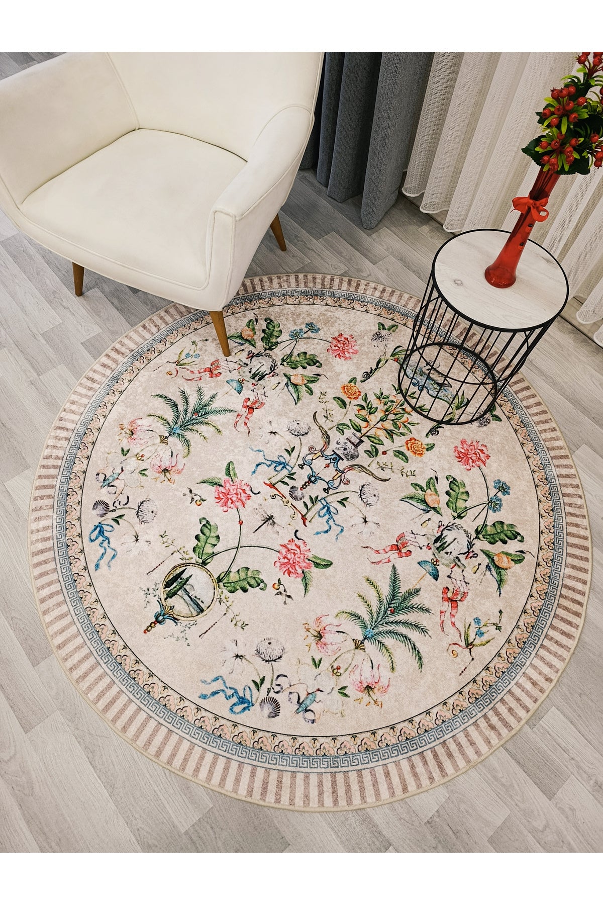 Beige Floral Bird Patterned Latex Leather Base Round Rug