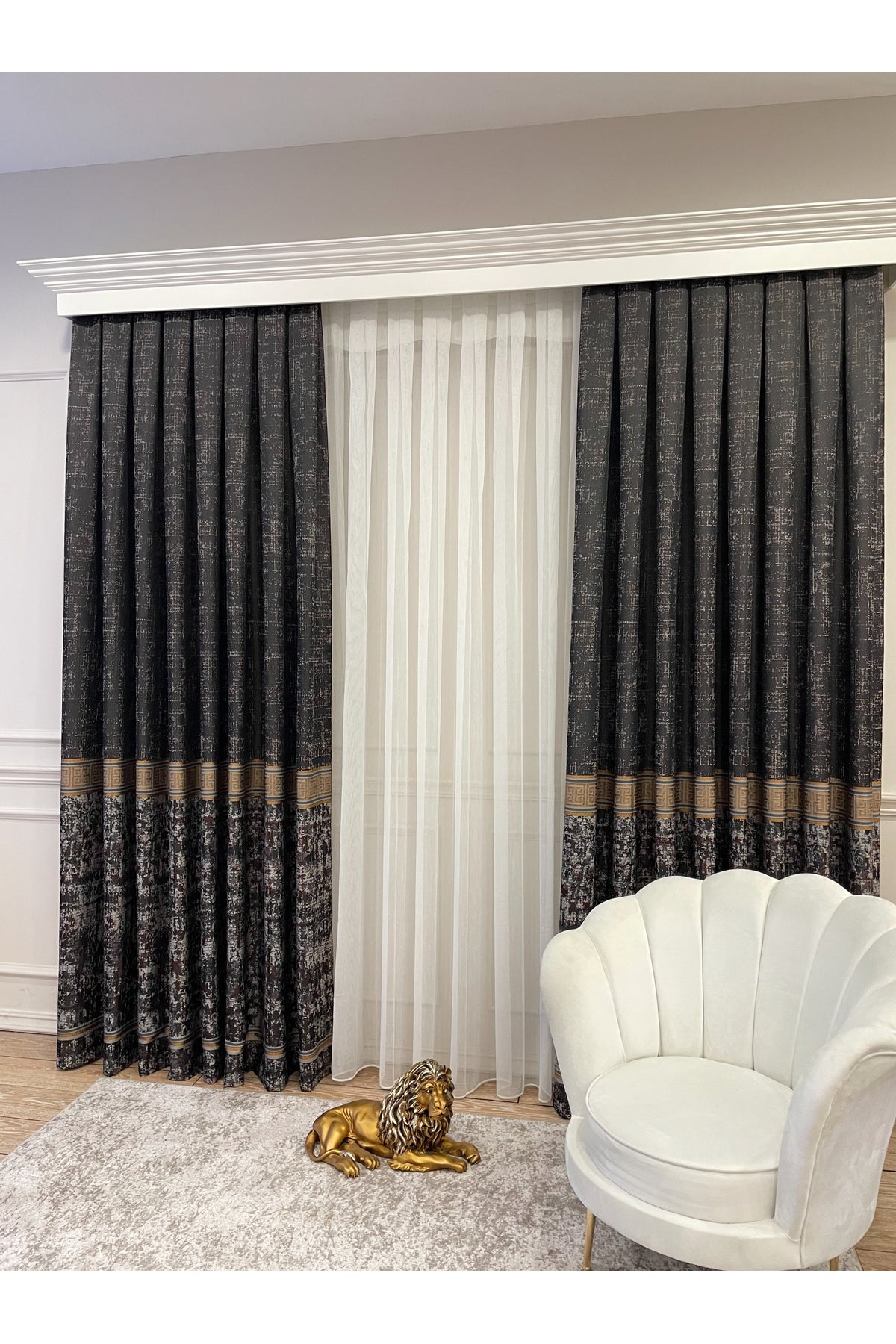 Gray Anthracite Bordered Pattern 1/3 Tight Pleat Jacquard Woven Blackout Curtain