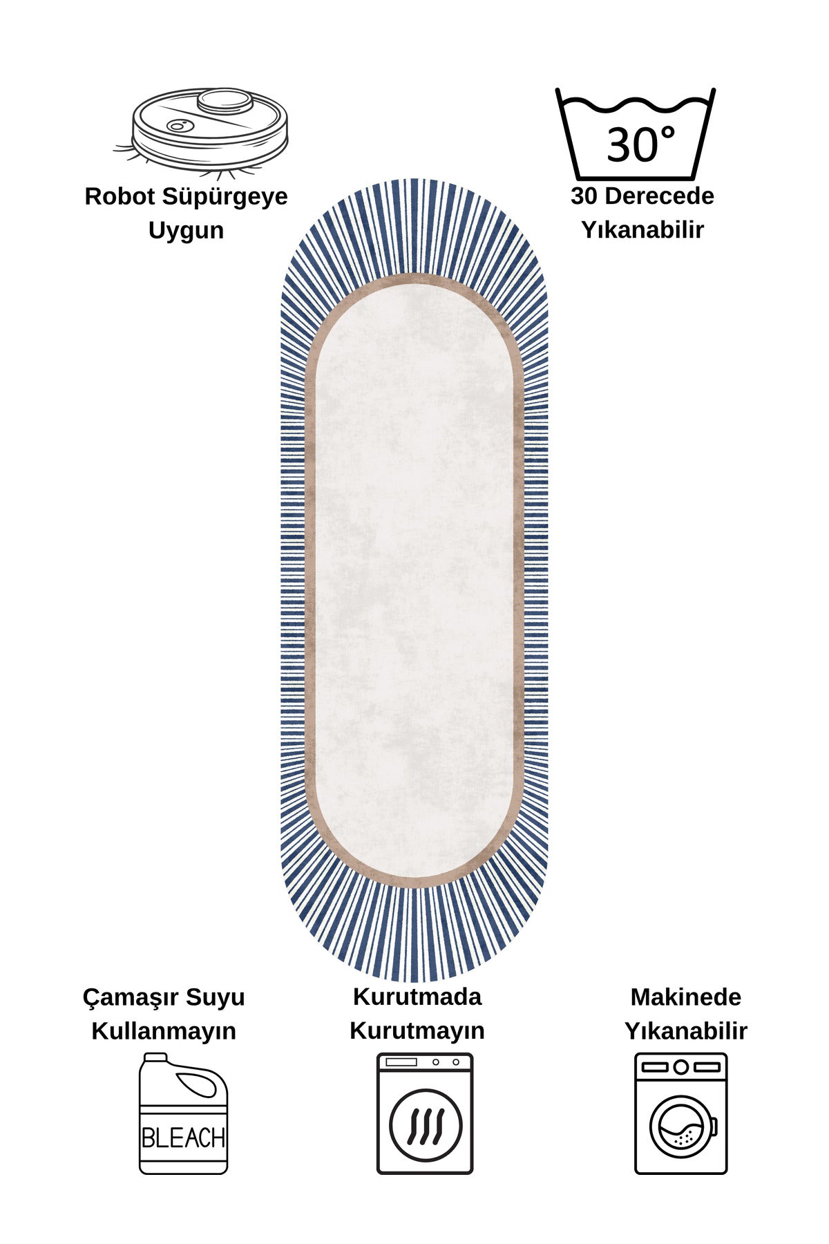 BEIGE-NAVY Striped Oval Non-Slip Base Rug