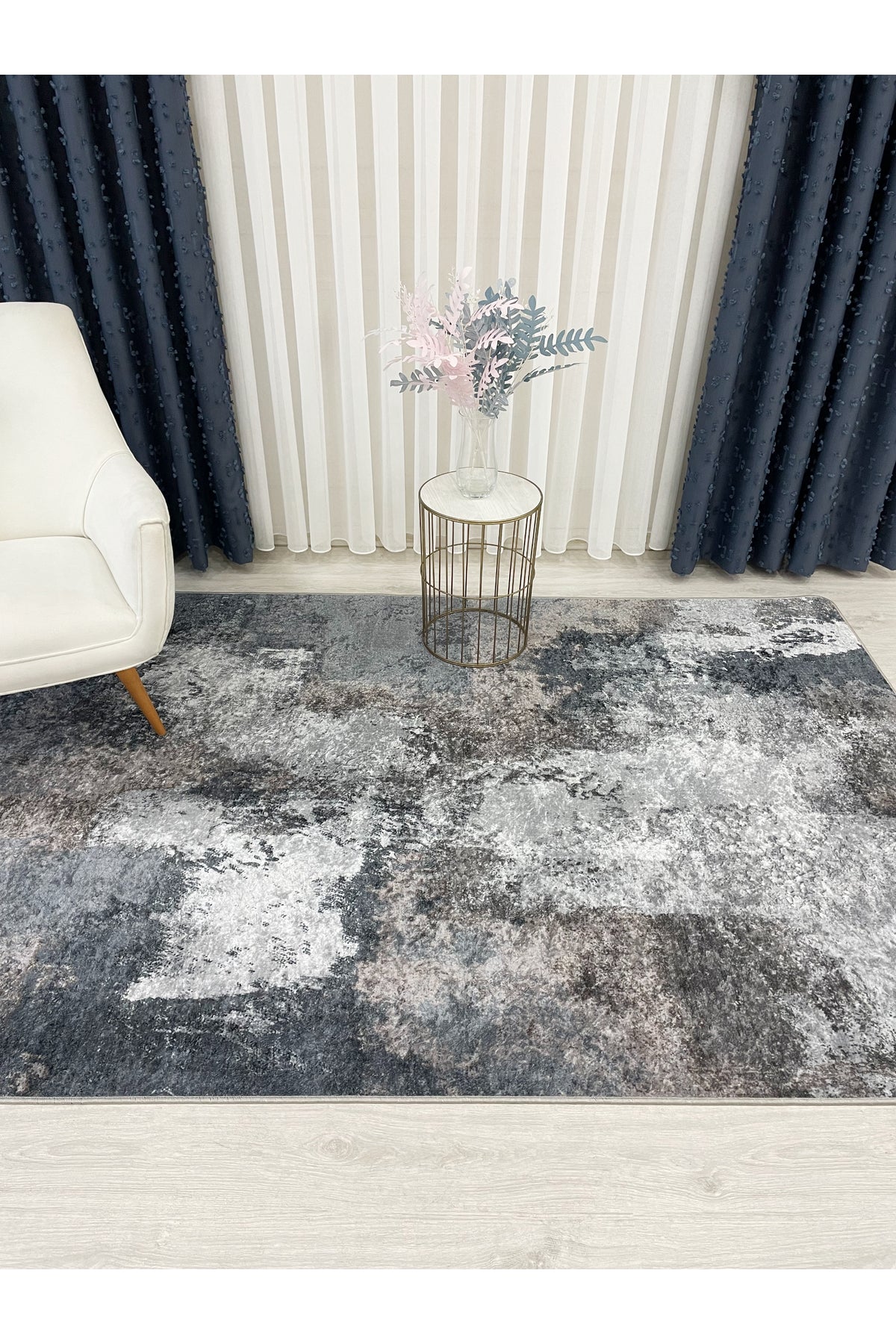 GRAY-NAVY Abstract Pattern Non-Slip Base Runner Rug