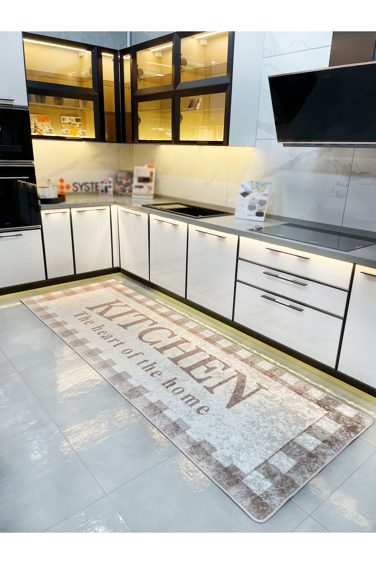 Beige Black Kitchen Latex Leather Base Kitchen Rug