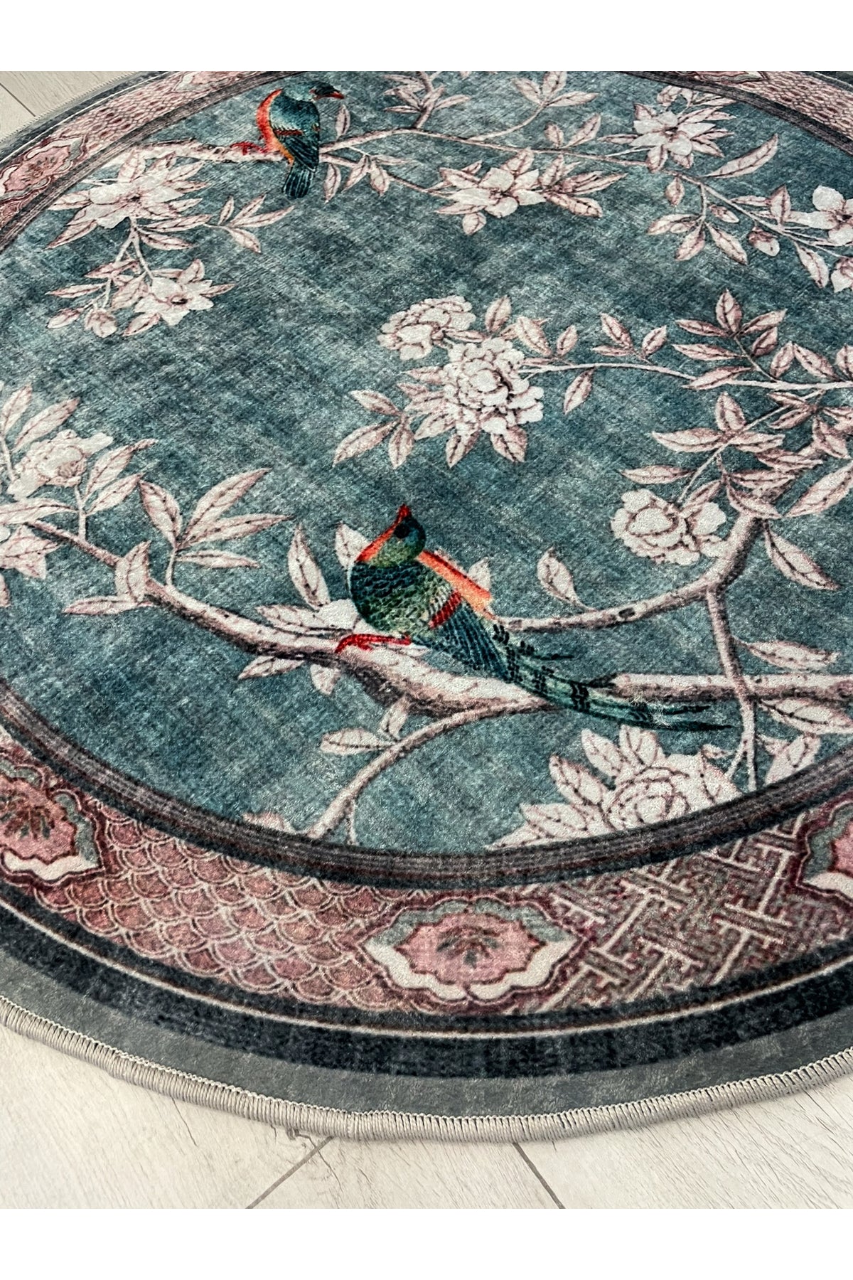 Soft Blue Bird Pattern Bordered Non-Slip Rug