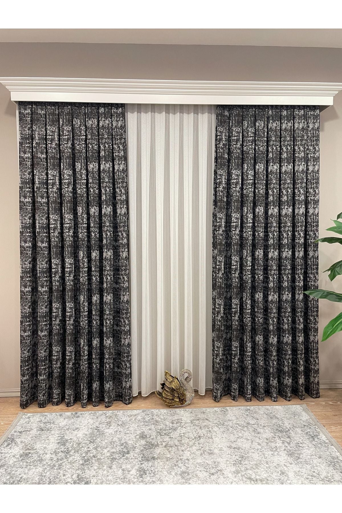 Orange - Brown Abstract Pattern 1/3 Tight Pleat Jacquard Woven Blackout Curtain