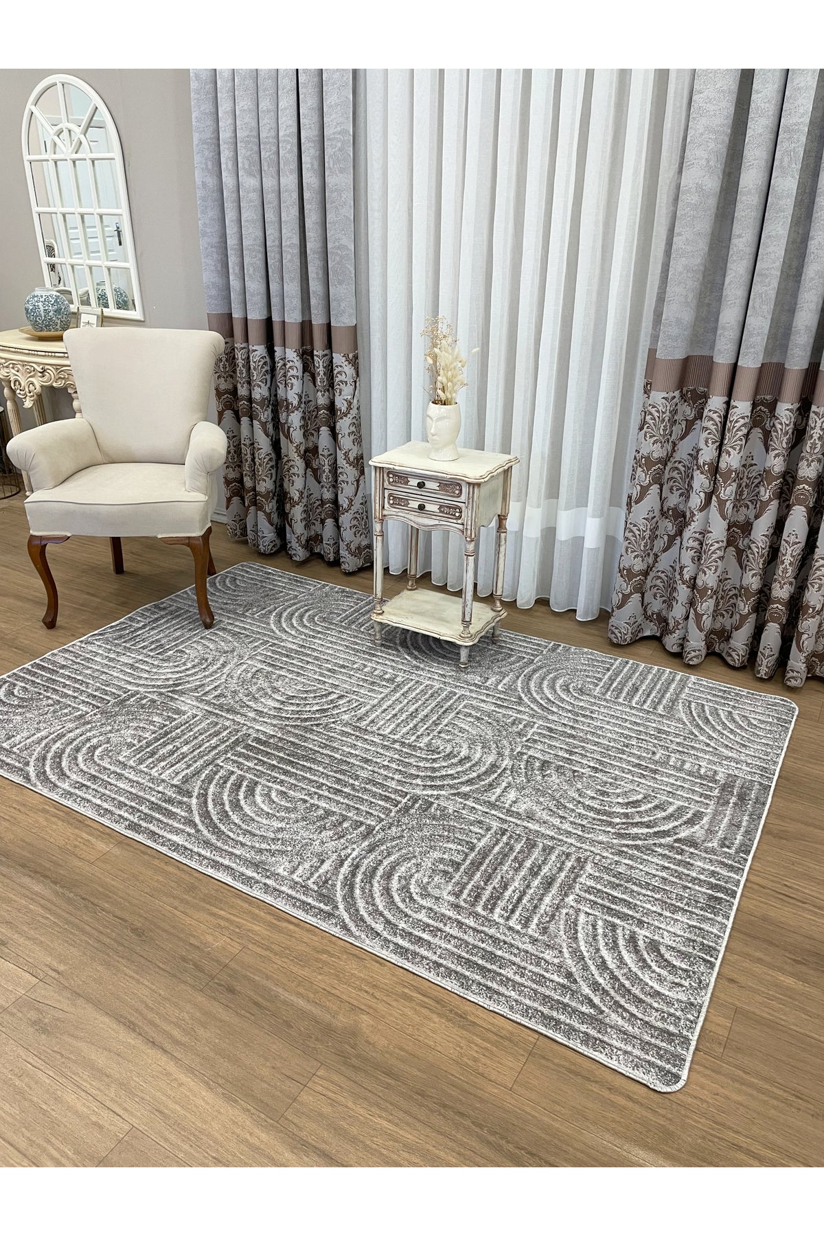 Beige Embossed Look Latex Leather Base Rug