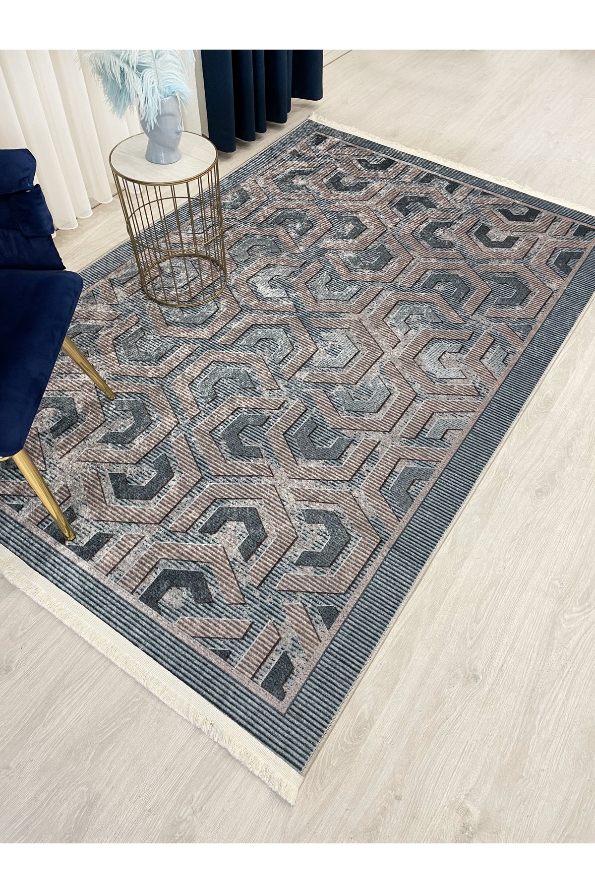 Brown Grey Embossed Look Latex Leather Base Rug