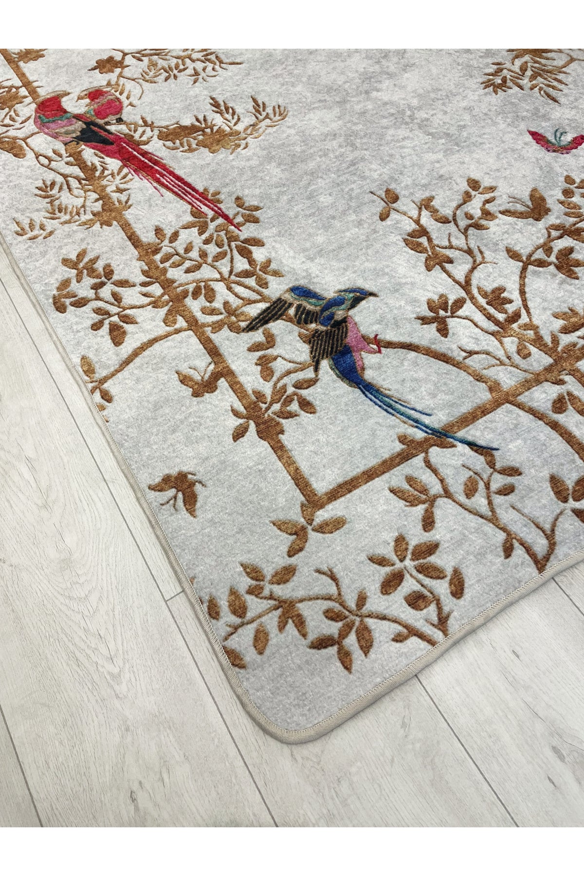 GRAY - Embroidery Look Bird Print Latex Base Runner Rug