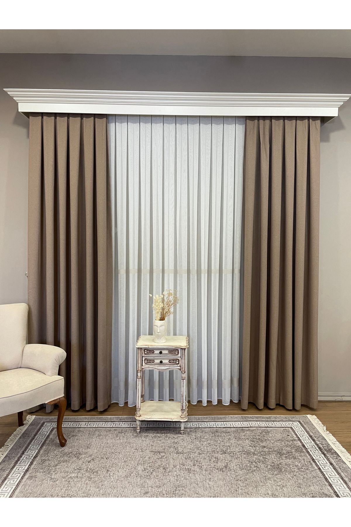 Linen-Look Banded 1/3 Dense Pleated - Ecru/Grey Sheer Curtain