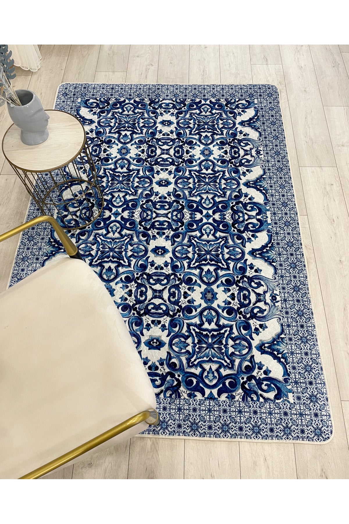 Navy Blue-Gray Blue Blanc Modern Latex Non-Slip Base Rug