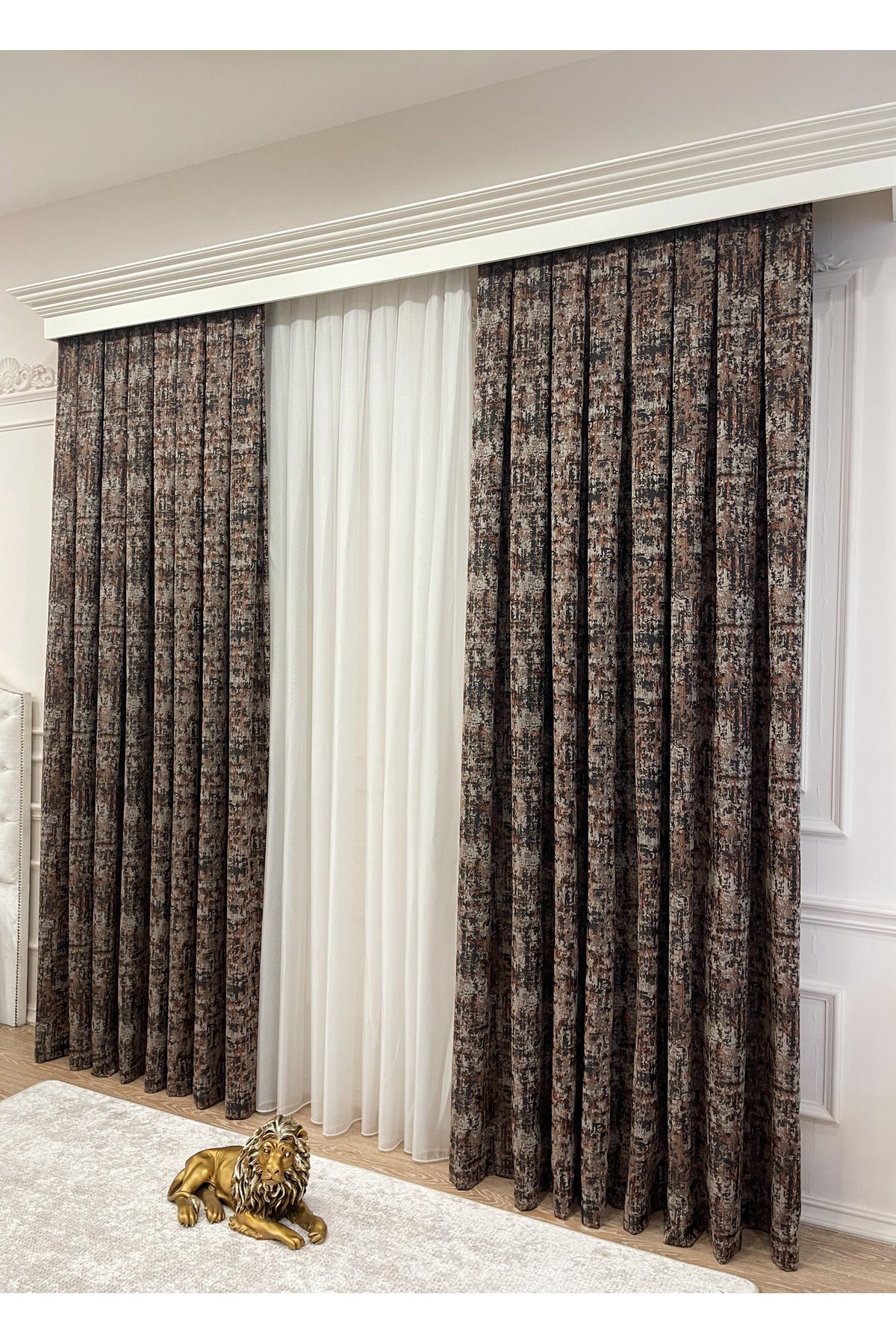 Orange - Brown Abstract Pattern 1/3 Tight Pleat Jacquard Woven Blackout Curtain