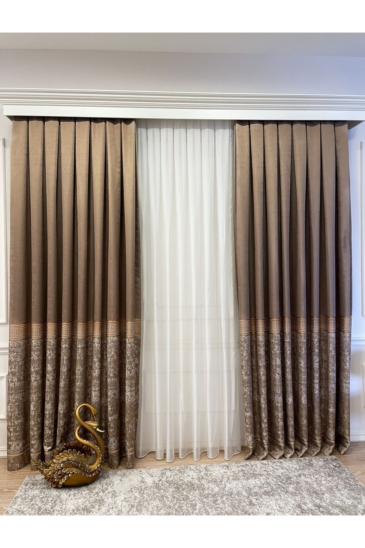 Gray Anthracite Bordered Pattern 1/3 Tight Pleat Jacquard Woven Blackout Curtain