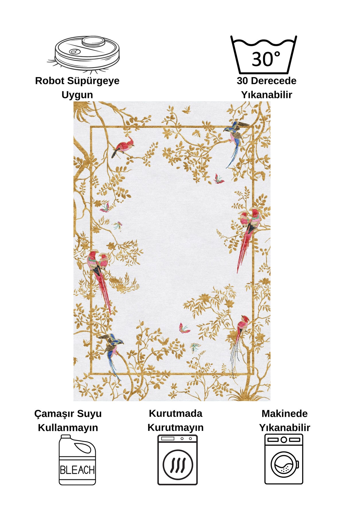 GRAY - Embroidery Look Bird Print Latex Base Runner Rug