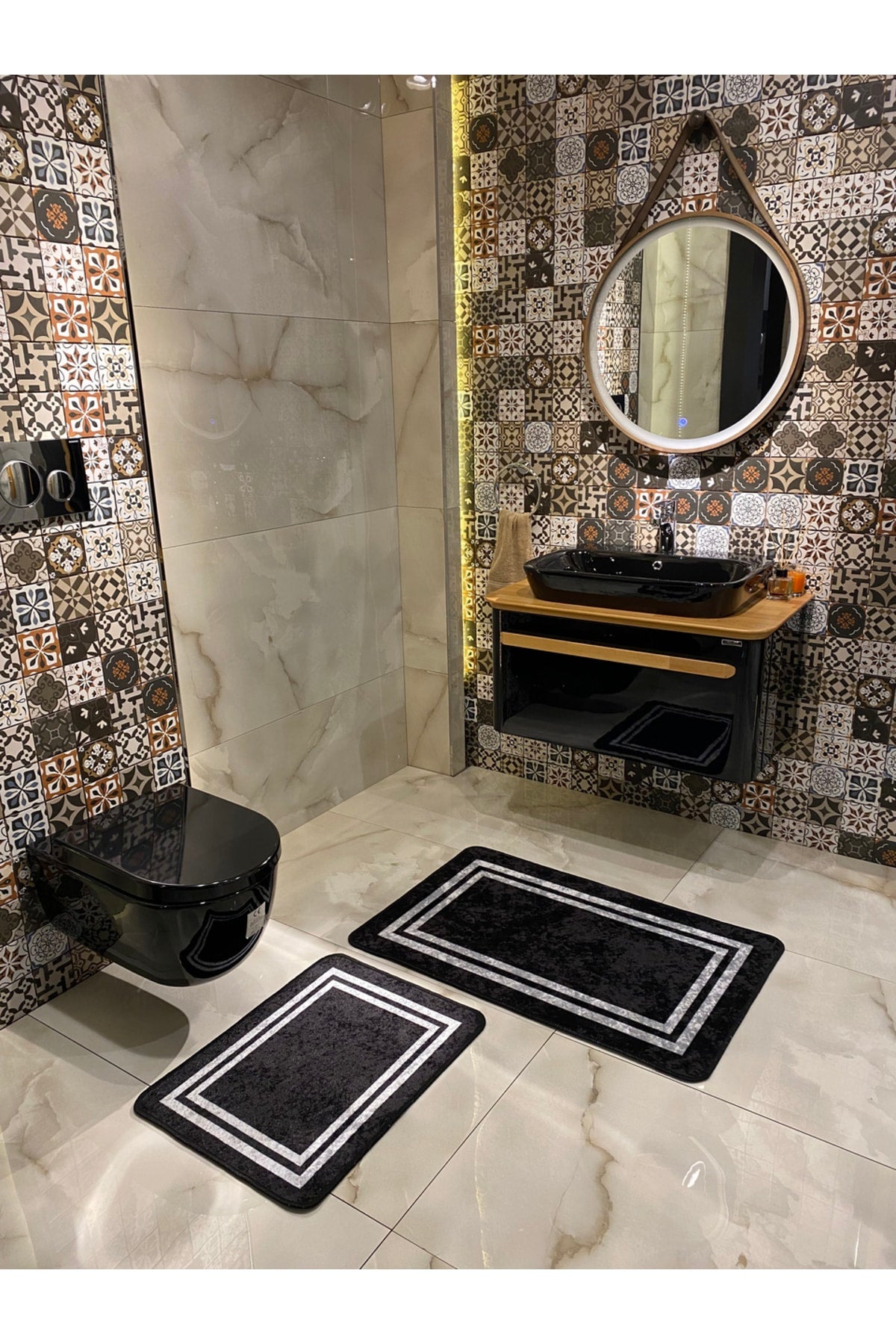 Tracy 2-Piece Latex Base Bathroom Mat Set - (SIZE 60X100 60X50) Black