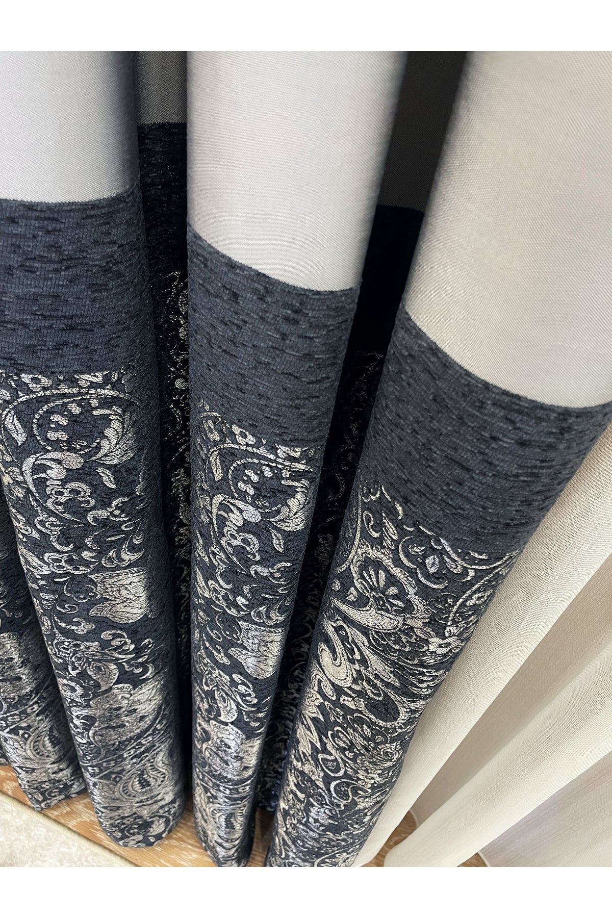 Gray Shawl Pattern 1/3 TIGHT PLEAT Jacquard Woven Blackout Curtain