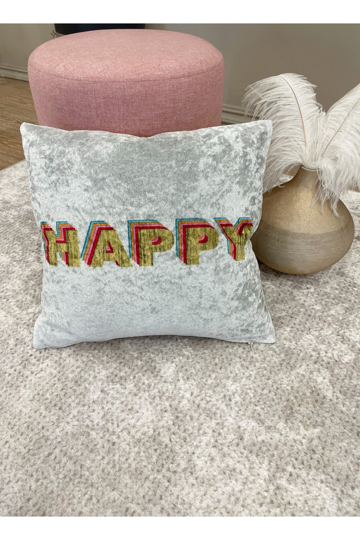 %100 Velvet "Happy" Text Print Cushion Cover (Gray)