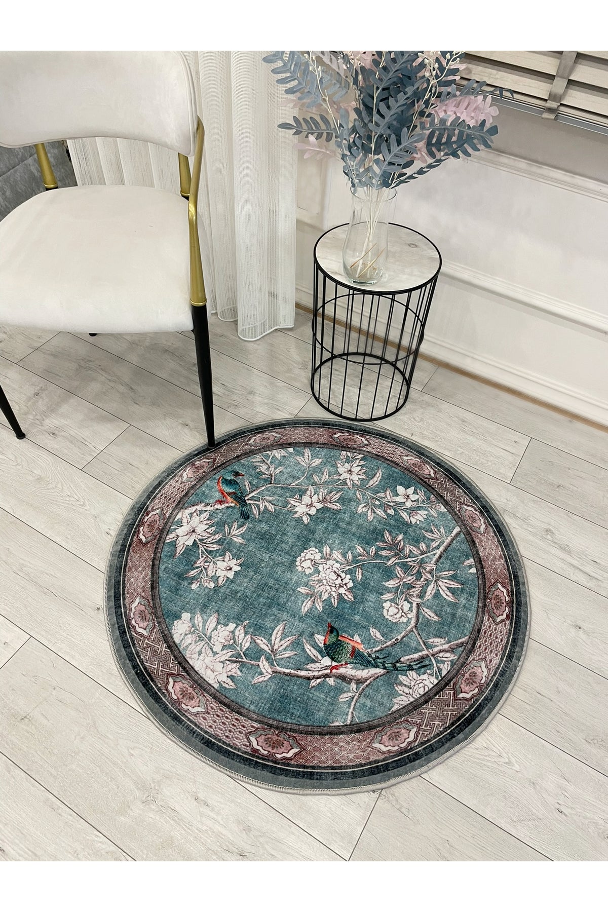 Soft Blue Bird Pattern Bordered Non-Slip Rug