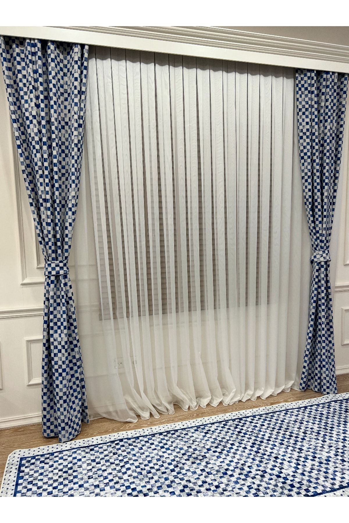 No-Pleat Extra-Reinforced Checkered Blackout Curtain - Blue