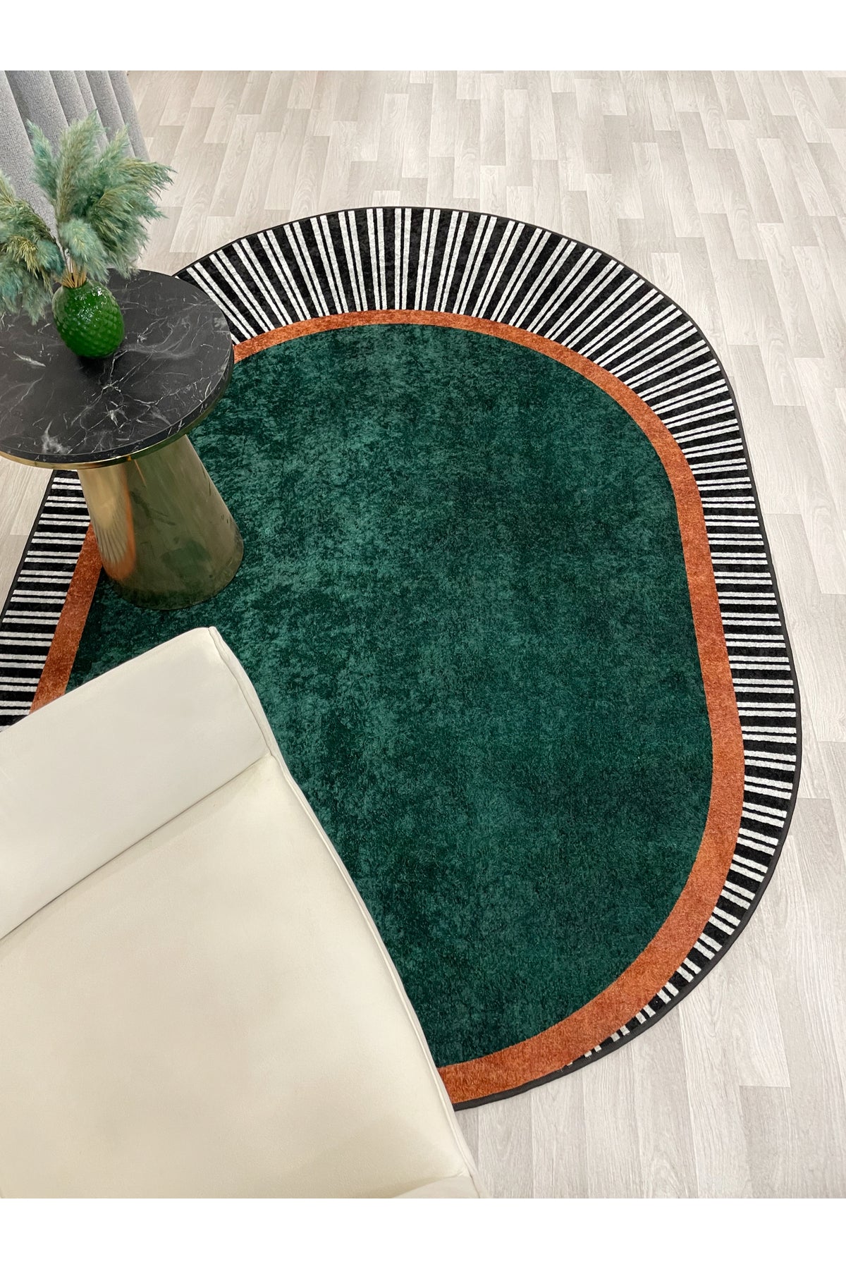 GREEN Striped Oval Non-Slip Base Rug