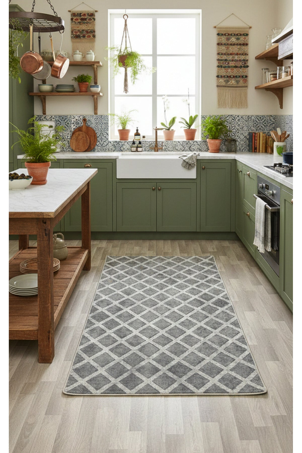 Diamond Pattern Beige Non-Slip Base Kitchen Rug