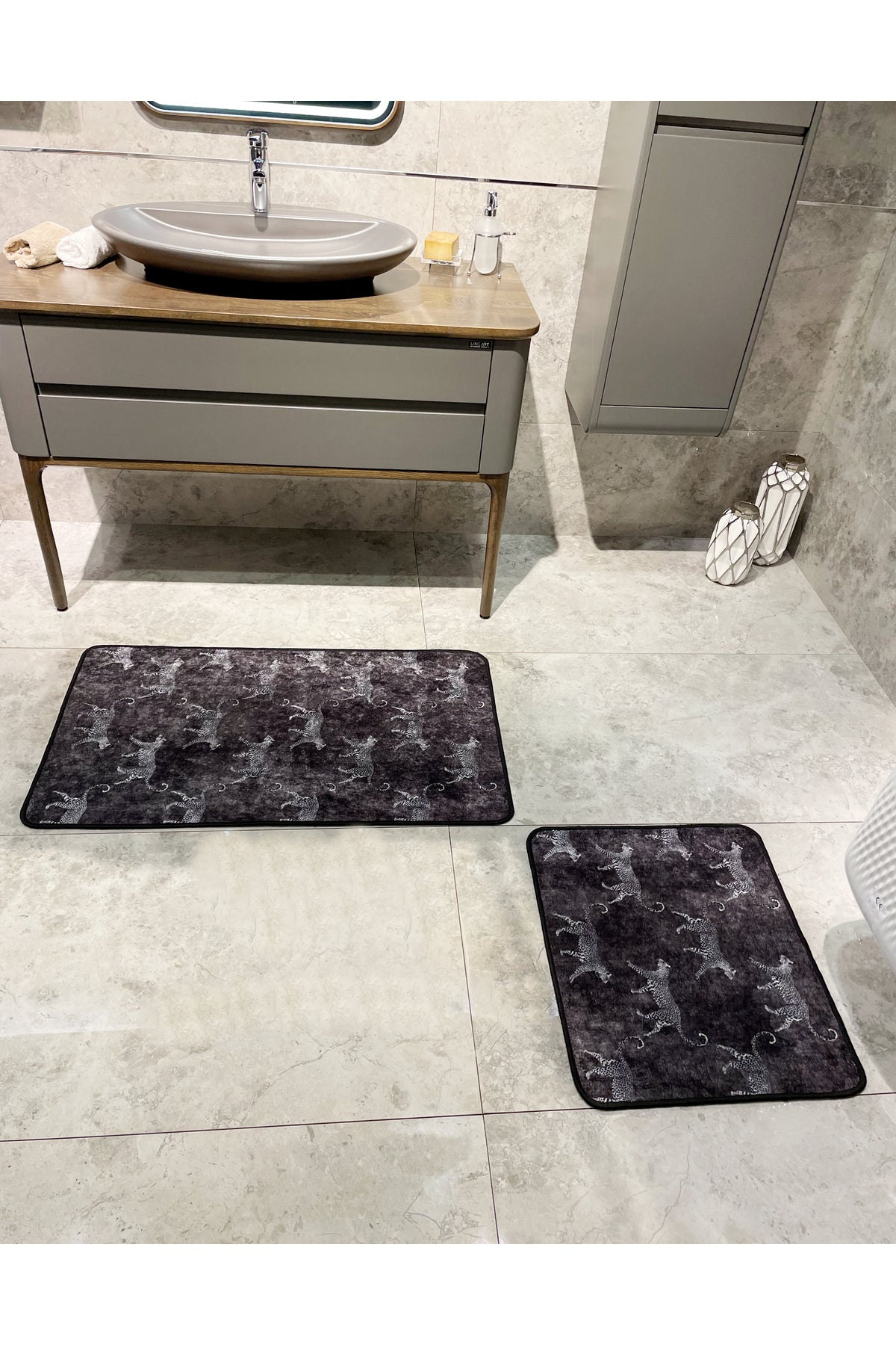 Set of 2 Latex Leather-Backed Bathroom Rug Set (60X100 - 60X50) Dark Gray