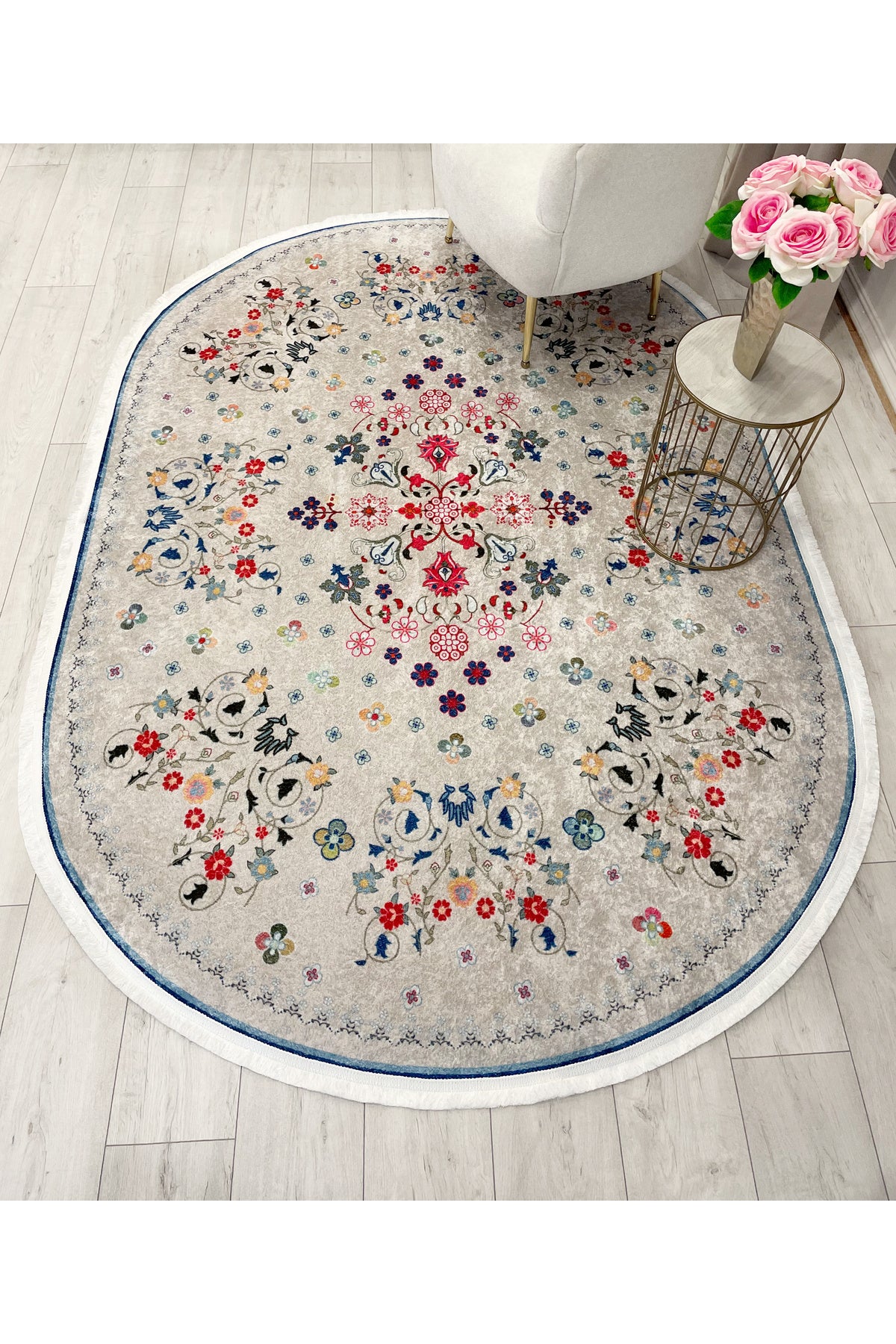 BEIGE Floral Patterned Vintage Latex Base Rug