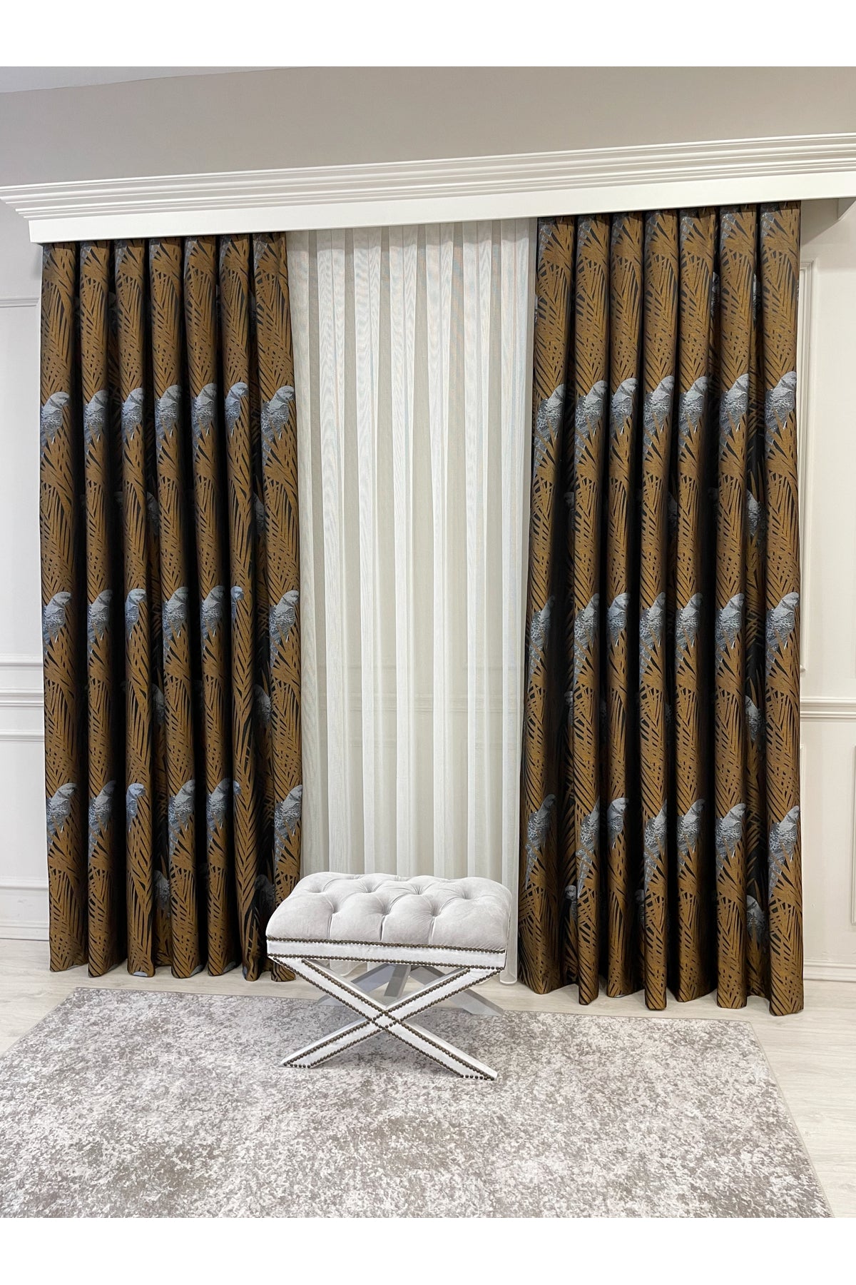 Brown-Navy Blue Bird Patterned 1/3 Dense Pleated Blackout Curtain