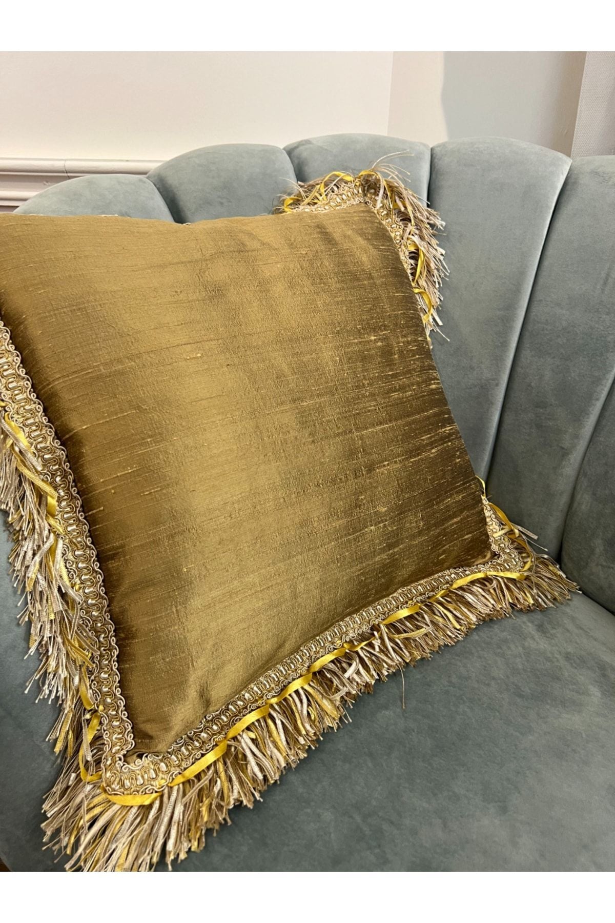 %100 Ithal Ipek (silk) Kırlent Yastık Kılıfı Kordonlu (altın - Kahverengi)