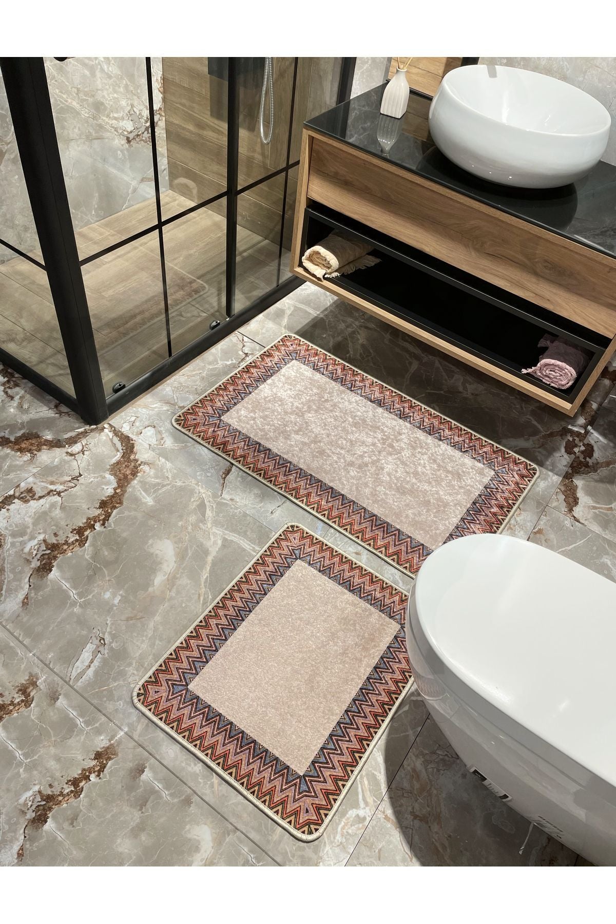 Mint Green - Zigzag Patterned Leather Base 2-Piece Bath Mat Set (60x100 - 60x50)