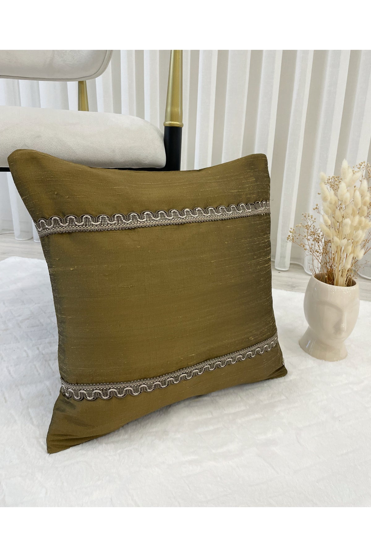 Imported Silk Cushion Pillow Cover with Cord (Oil Green)