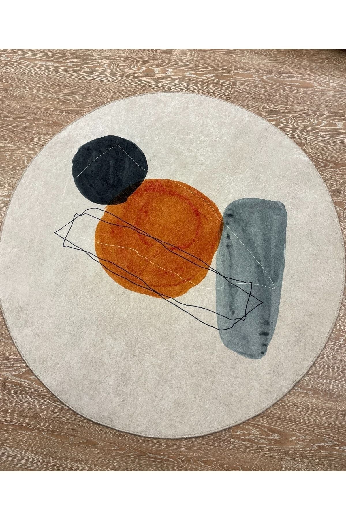 Wince Geometrik Soyut Desenli Lateks Taban Yuvarlak Saçaksız Halı