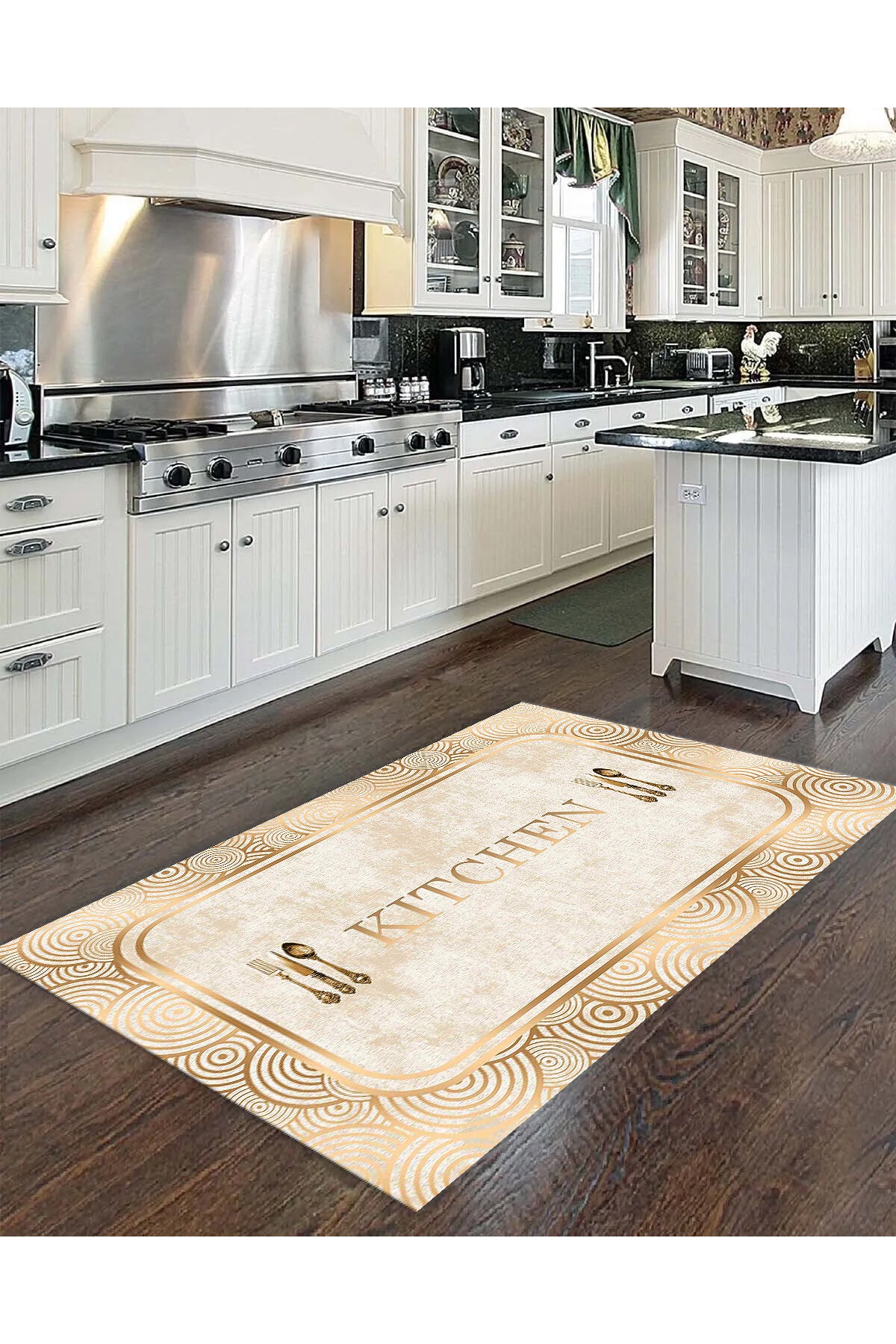 Beige Kitchen Script with Gold Detail Latex Base Rug