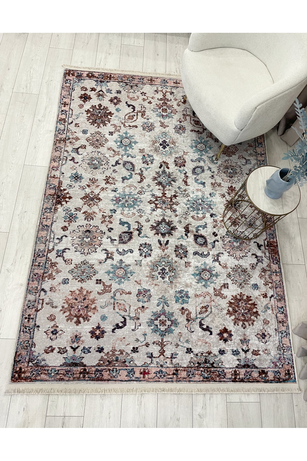 BEIGE Traditional Patterned FRINGED Classic Non-Slip Base Rug