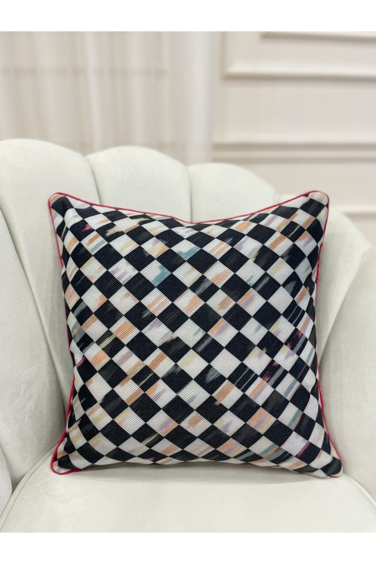 Checkered Linen-Look Piped Edge Cushion Cover (45x45)