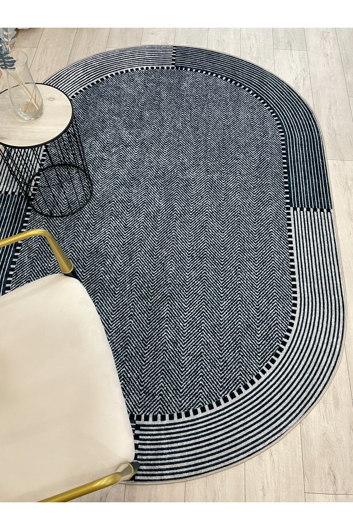 GRAY-NAVY Jute Sisal Look Non-Slip Base Rug