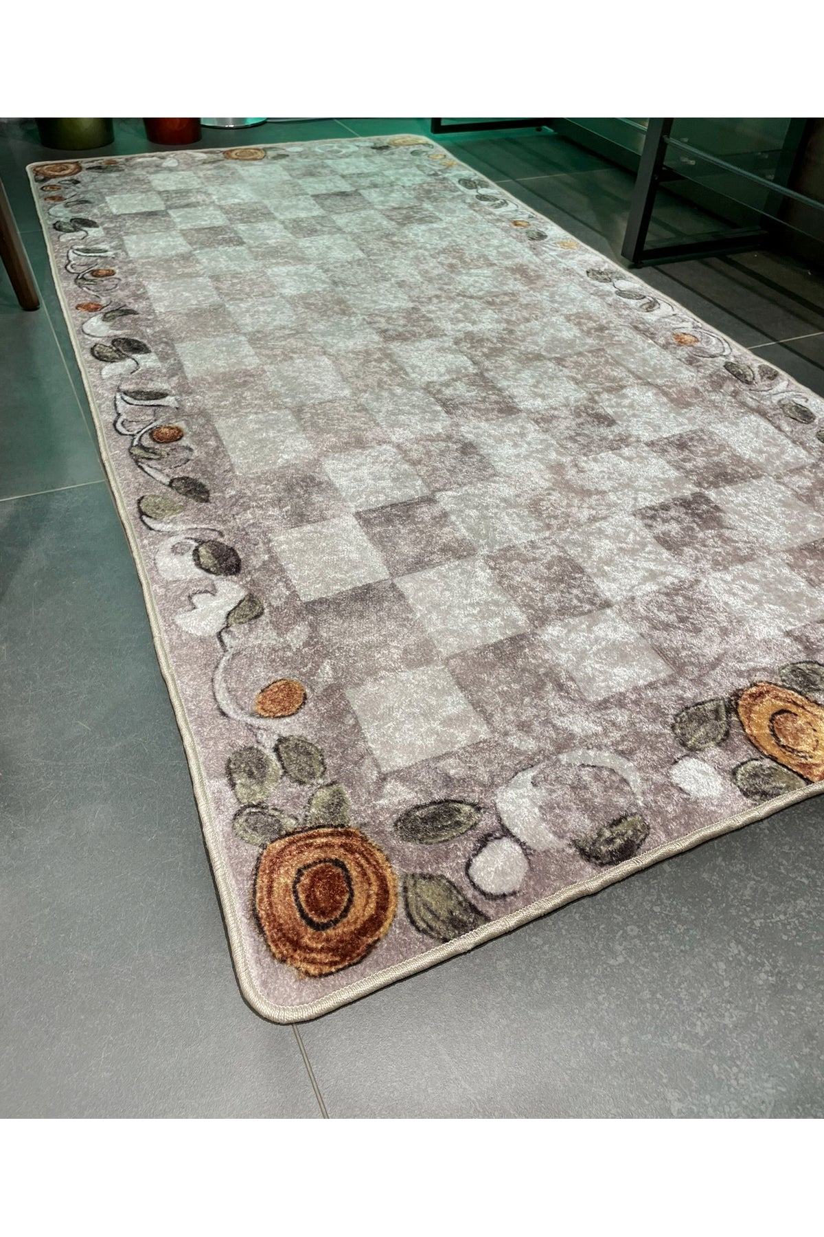 Beige Orange Checkered Pattern Non-Slip Base Kitchen Rug