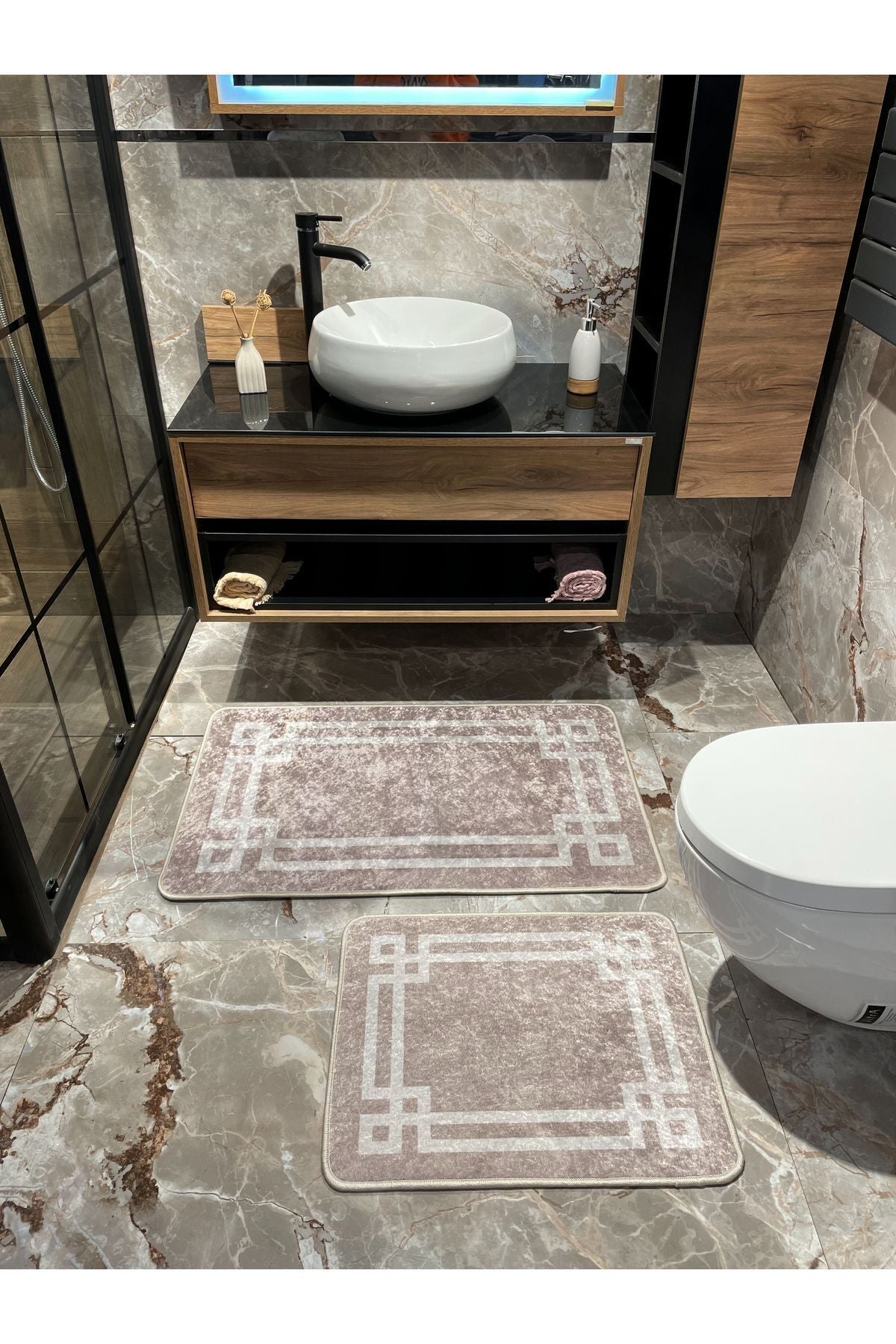 Latex Base (60X100 - 60X50) Double Bath Mat Set - MINK BROWN